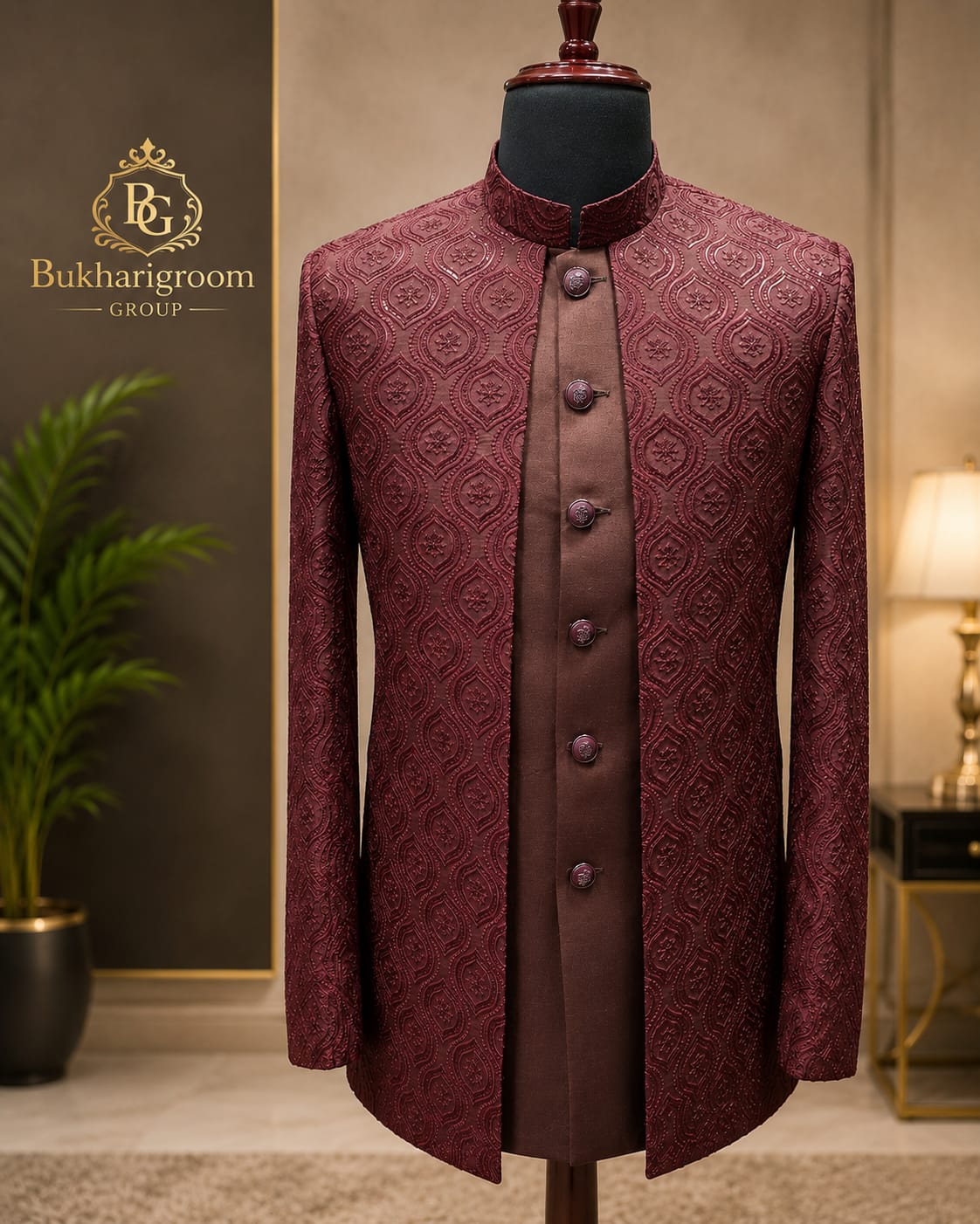 Royal Burgundy Embroidered Open Prince Coat Set with paint