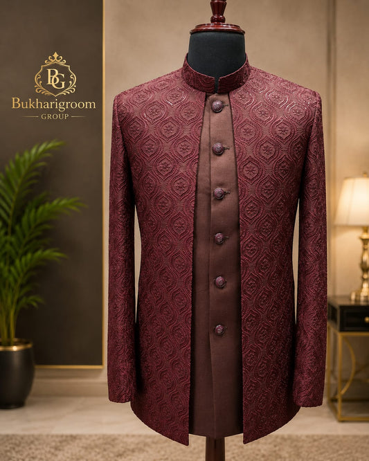 Royal Burgundy Embroidered Open Prince Coat Set with paint